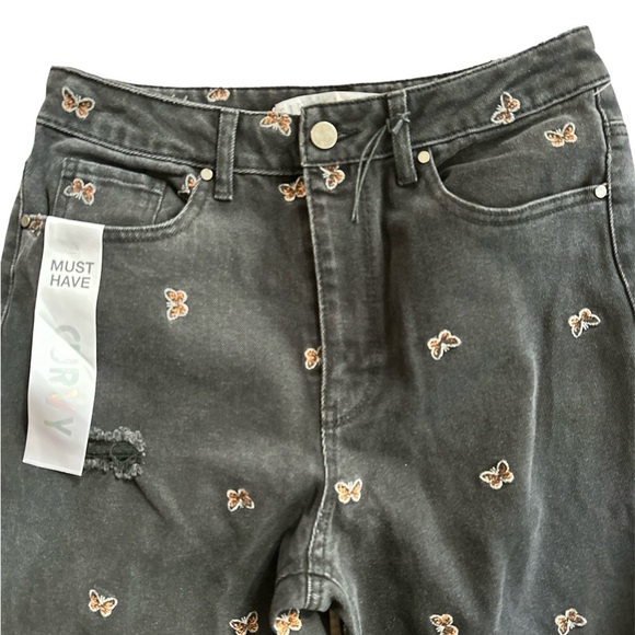 TINSELTOWN Black Embroidered Distressed Curvy Size 11 Waist 14 Jeans BNWT - Picture 3 of 11